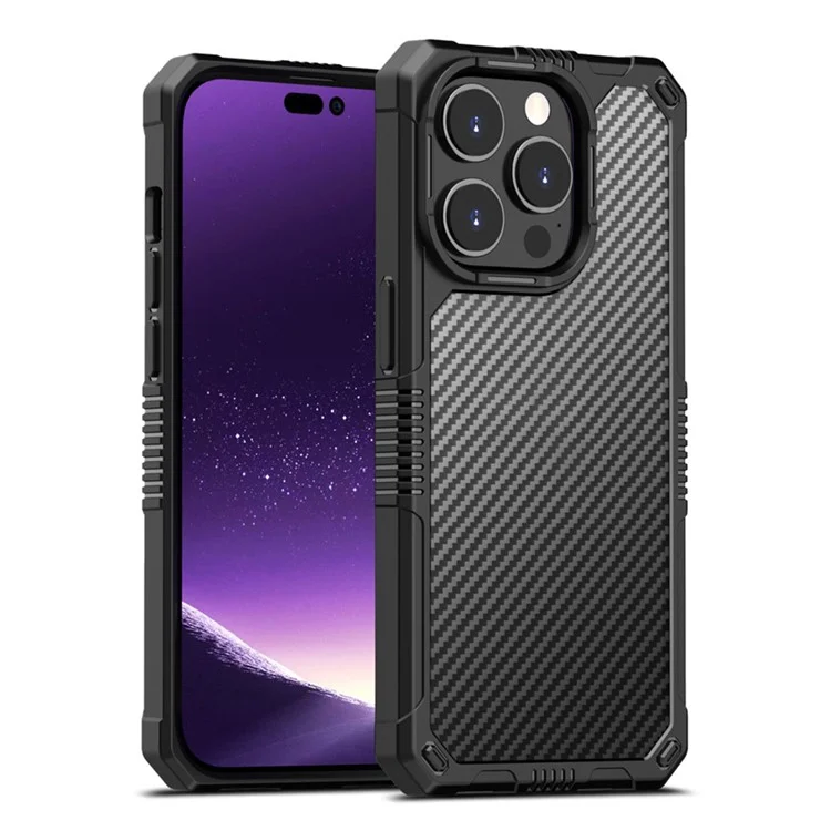 Case a Prueba de Gota Para Iphone 14 Pro Max 6.7 Pulgadas Cubierta Protectora TPU+PC Carbon Fiber Anti-Fingerprint Case - Negro