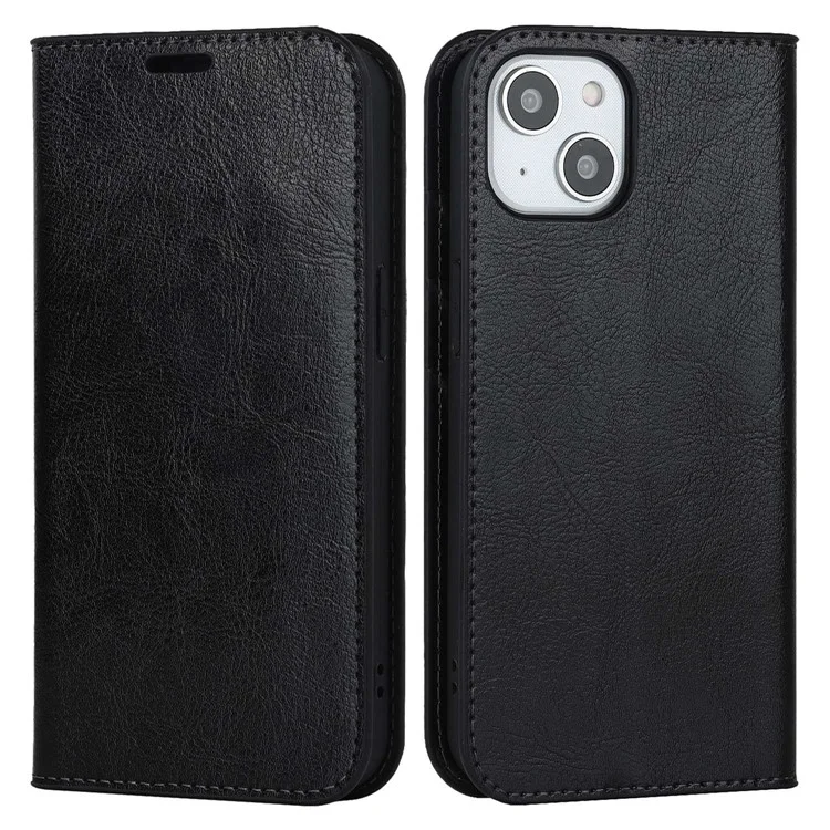 Für iPhone 14 Plus Crazy Horse Texture Genuine Leather Wallet Case Stand Magnetisch Auto-absorbiert Folio Cover - Schwarz