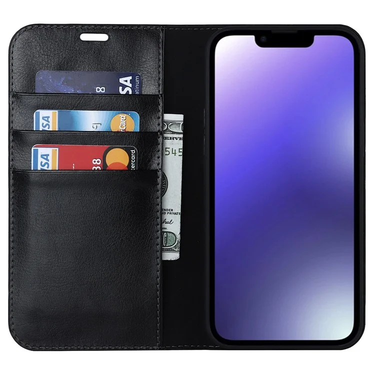 Für iPhone 14 Plus Crazy Horse Texture Genuine Leather Wallet Case Stand Magnetisch Auto-absorbiert Folio Cover - Schwarz