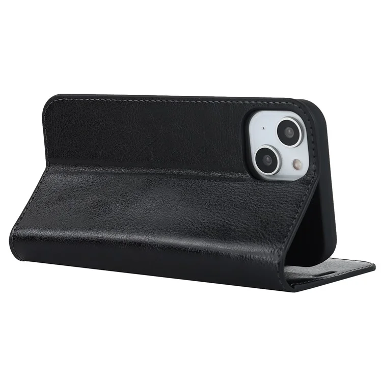 Für iPhone 14 Plus Crazy Horse Texture Genuine Leather Wallet Case Stand Magnetisch Auto-absorbiert Folio Cover - Schwarz