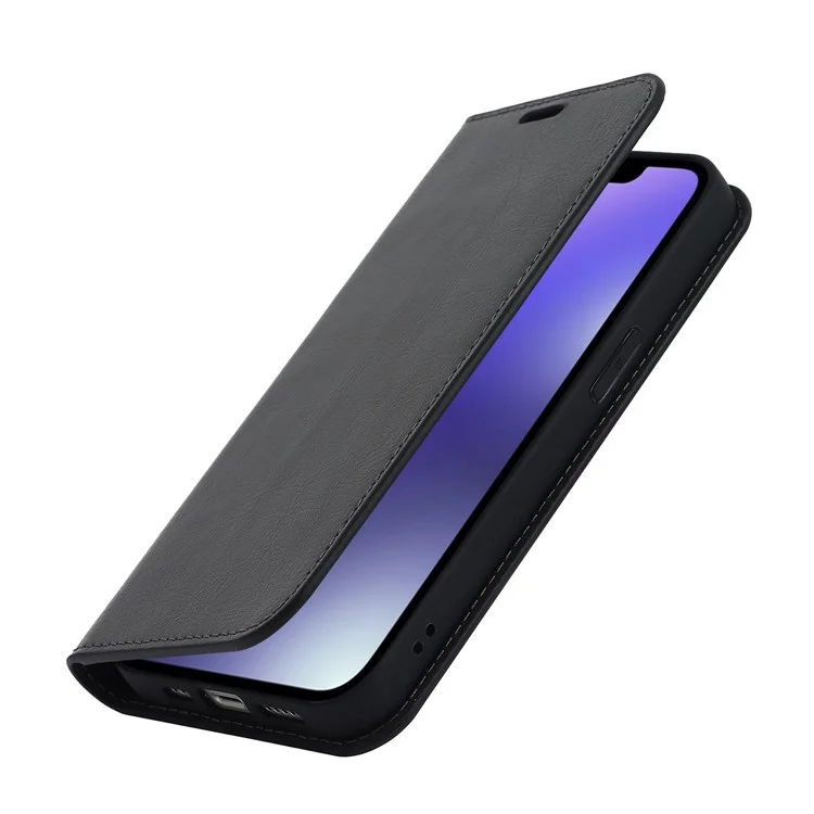 Für iPhone 14 Plus Crazy Horse Texture Genuine Leather Wallet Case Stand Magnetisch Auto-absorbiert Folio Cover - Schwarz