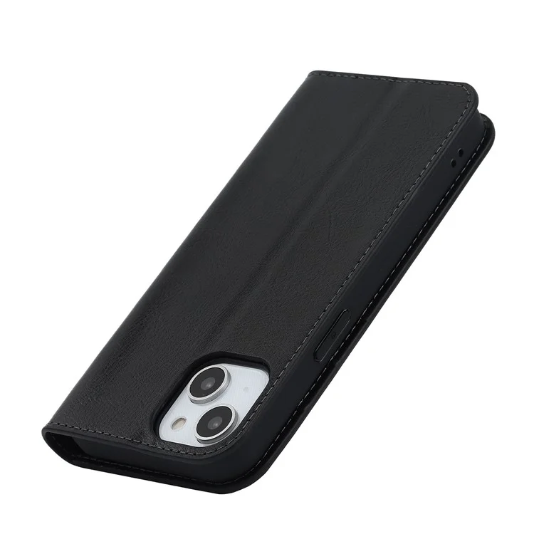 Für iPhone 14 Plus Crazy Horse Texture Genuine Leather Wallet Case Stand Magnetisch Auto-absorbiert Folio Cover - Schwarz