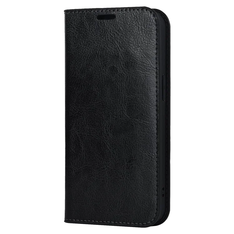 Für iPhone 14 Plus Crazy Horse Texture Genuine Leather Wallet Case Stand Magnetisch Auto-absorbiert Folio Cover - Schwarz