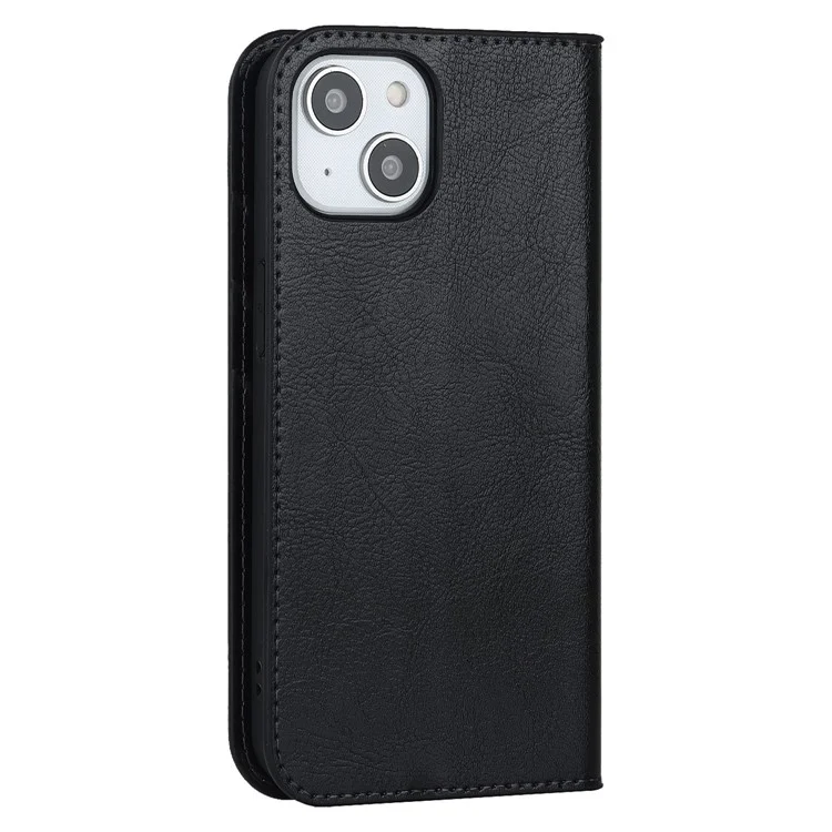 Für iPhone 14 Plus Crazy Horse Texture Genuine Leather Wallet Case Stand Magnetisch Auto-absorbiert Folio Cover - Schwarz