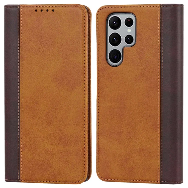 Для Samsung Galaxy S22 Ultra 5G Bi-color Plising Wallet Phone Case pu Кожаный Держатель Folio Flip Stand Magnetic Absorption - Желтый / Коричневый