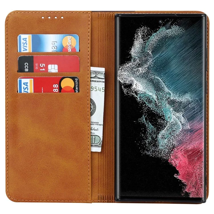 Для Samsung Galaxy S22 Ultra 5G Bi-color Plising Wallet Phone Case pu Кожаный Держатель Folio Flip Stand Magnetic Absorption - Желтый / Коричневый