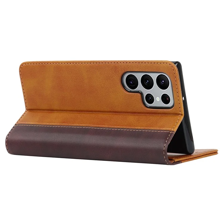 Для Samsung Galaxy S22 Ultra 5G Bi-color Plising Wallet Phone Case pu Кожаный Держатель Folio Flip Stand Magnetic Absorption - Желтый / Коричневый