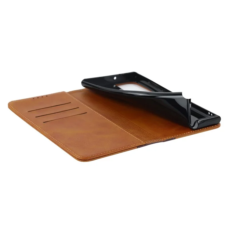 Для Samsung Galaxy S22 Ultra 5G Bi-color Plising Wallet Phone Case pu Кожаный Держатель Folio Flip Stand Magnetic Absorption - Желтый / Коричневый