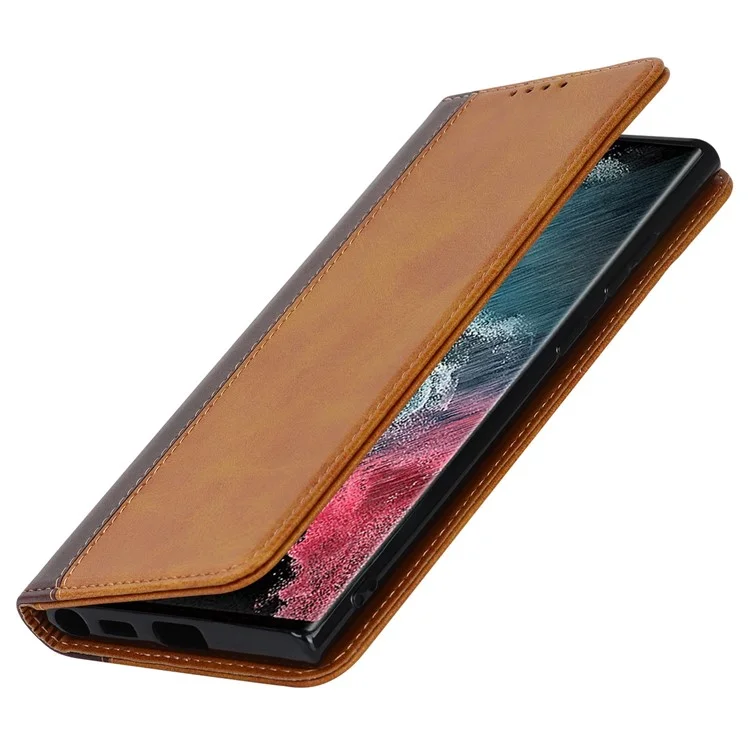Для Samsung Galaxy S22 Ultra 5G Bi-color Plising Wallet Phone Case pu Кожаный Держатель Folio Flip Stand Magnetic Absorption - Желтый / Коричневый