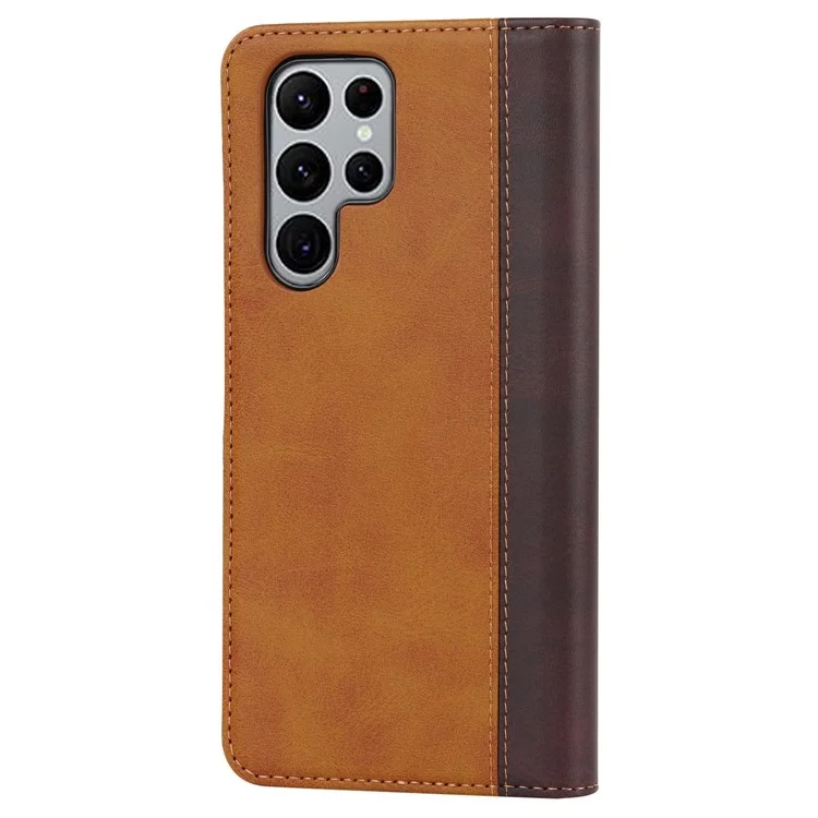 Для Samsung Galaxy S22 Ultra 5G Bi-color Plising Wallet Phone Case pu Кожаный Держатель Folio Flip Stand Magnetic Absorption - Желтый / Коричневый