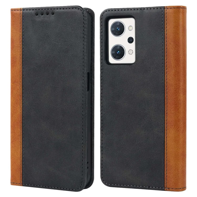 Bi-color Splicing Stand Wallet Case for Oppo Reno7 A (Japan Version) 5G, Folio Flip PU Leather Phone Cover Inner TPU Shell - Black  /  Yellow