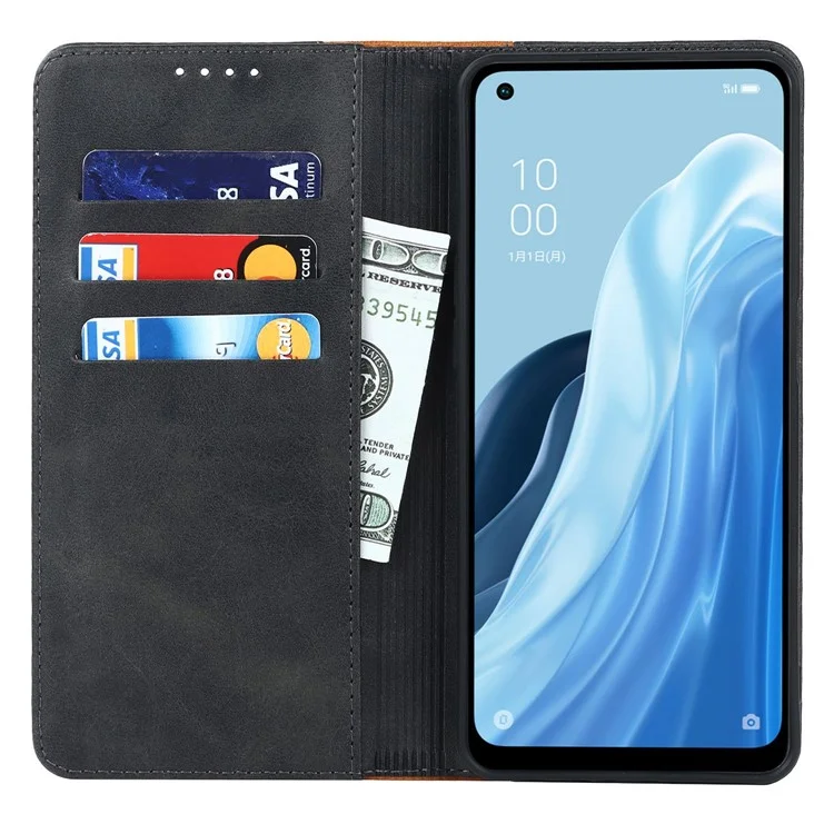 Bi-color Splicing Stand Wallet Case for Oppo Reno7 A (Japan Version) 5G, Folio Flip PU Leather Phone Cover Inner TPU Shell - Black  /  Yellow