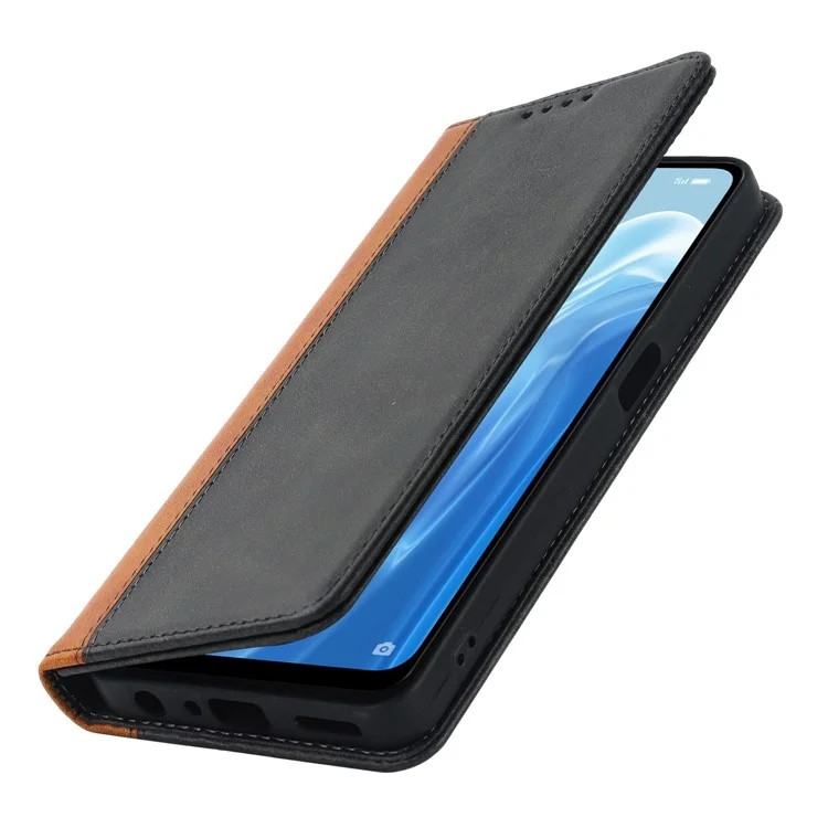 Bi-color Splicing Stand Wallet Case for Oppo Reno7 A (Japan Version) 5G, Folio Flip PU Leather Phone Cover Inner TPU Shell - Black  /  Yellow