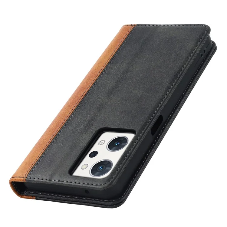 Bi-color Splicing Stand Wallet Case for Oppo Reno7 A (Japan Version) 5G, Folio Flip PU Leather Phone Cover Inner TPU Shell - Black  /  Yellow