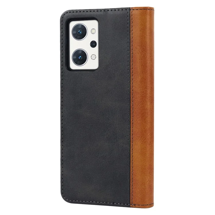 Bi-color Splicing Stand Wallet Case for Oppo Reno7 A (Japan Version) 5G, Folio Flip PU Leather Phone Cover Inner TPU Shell - Black  /  Yellow