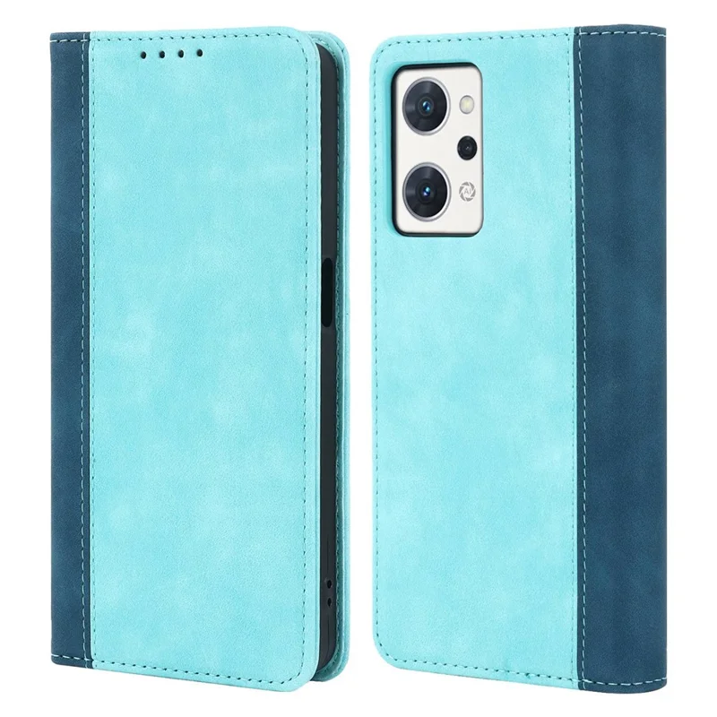 Bi-color Splicing Stand Wallet Case til Oppo Reno7 A (Japan Version) 5G, Folio Flip PU Læder Telefonbeskyttelse Indvendig TPU Skal - Lyseblå / Mørkeblå