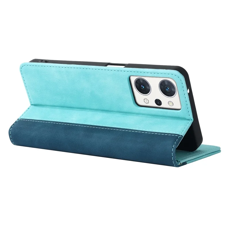 Bi-color Splicing Stand Wallet Case til Oppo Reno7 A (Japan Version) 5G, Folio Flip PU Læder Telefonbeskyttelse Indvendig TPU Skal - Lyseblå / Mørkeblå