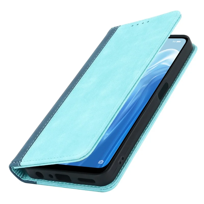 Bi-color Splicing Stand Wallet Case til Oppo Reno7 A (Japan Version) 5G, Folio Flip PU Læder Telefonbeskyttelse Indvendig TPU Skal - Lyseblå / Mørkeblå