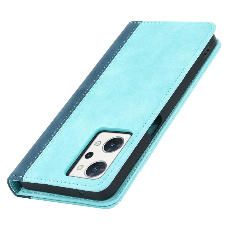 Bi-color Splicing Stand Wallet Case til Oppo Reno7 A (Japan Version) 5G, Folio Flip PU Læder Telefonbeskyttelse Indvendig TPU Skal - Lyseblå / Mørkeblå