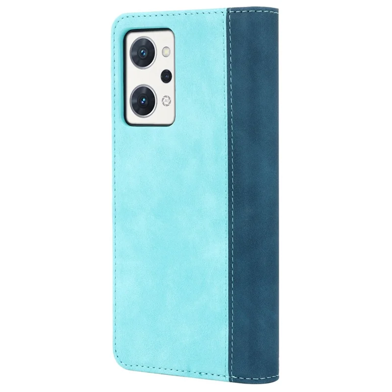 Bi-color Splicing Stand Wallet Case til Oppo Reno7 A (Japan Version) 5G, Folio Flip PU Læder Telefonbeskyttelse Indvendig TPU Skal - Lyseblå / Mørkeblå
