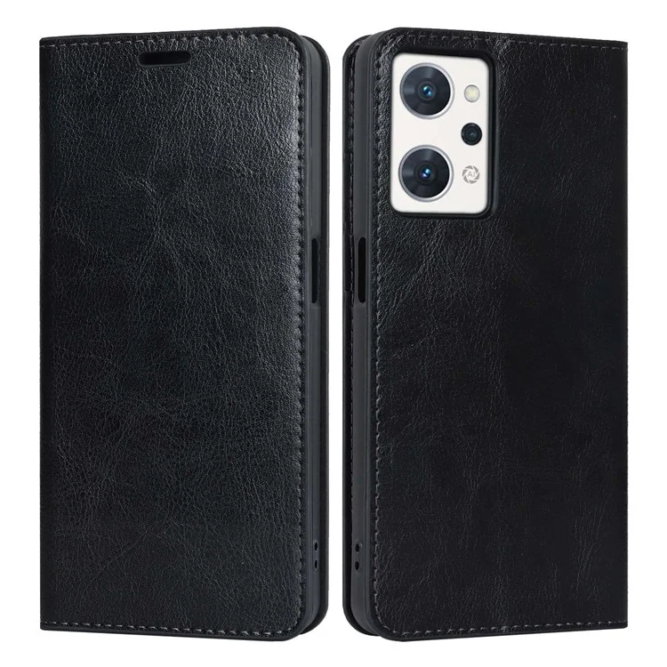 For Oppo Reno7 A (Japan Version) 5G Cell Phone Case Crazy Horse Texture Wallet Stand Genuine Leather Flip Phone Cover - Black