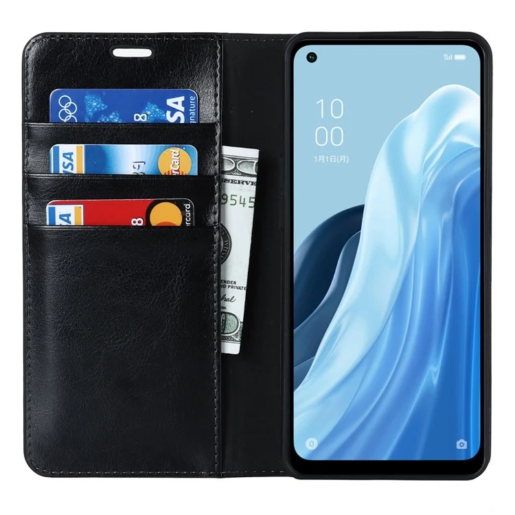For Oppo Reno7 A (Japan Version) 5G Cell Phone Case Crazy Horse Texture Wallet Stand Genuine Leather Flip Phone Cover - Black