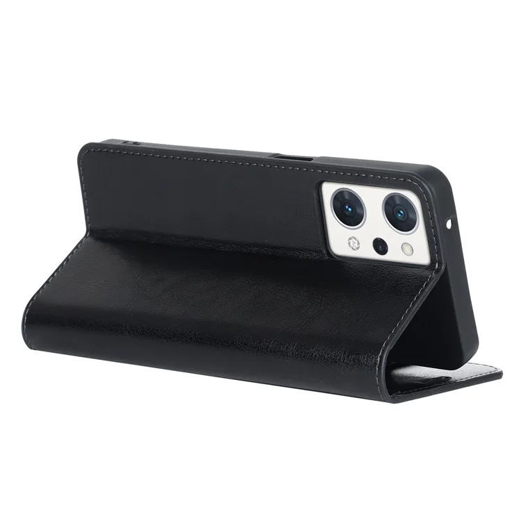 For Oppo Reno7 A (Japan Version) 5G Cell Phone Case Crazy Horse Texture Wallet Stand Genuine Leather Flip Phone Cover - Black