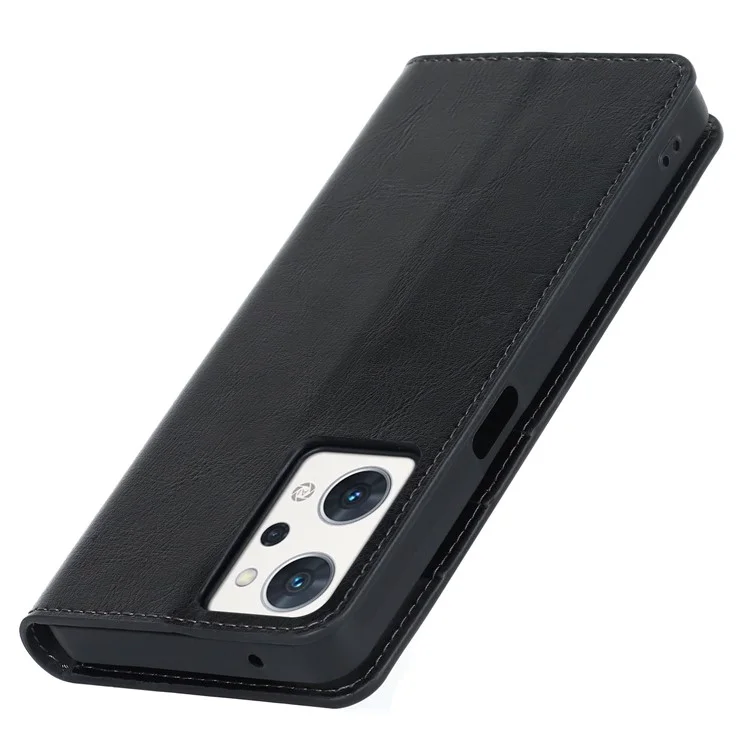For Oppo Reno7 A (Japan Version) 5G Cell Phone Case Crazy Horse Texture Wallet Stand Genuine Leather Flip Phone Cover - Black
