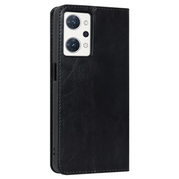 For Oppo Reno7 A (Japan Version) 5G Cell Phone Case Crazy Horse Texture Wallet Stand Genuine Leather Flip Phone Cover - Black