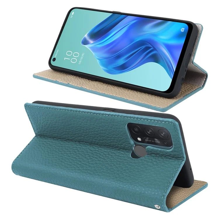 For Oppo Reno5 A Shockproof Genuine Leather Case Litchi Texture Wallet Stand Anti-scratch Phone Shell with Hand Strap - Baby Blue