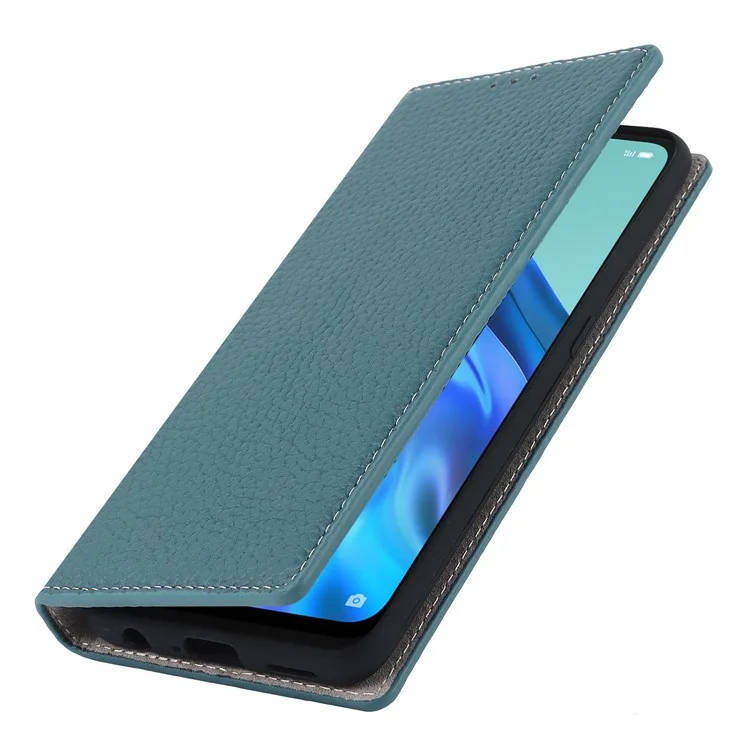 For Oppo Reno5 A Shockproof Genuine Leather Case Litchi Texture Wallet Stand Anti-scratch Phone Shell with Hand Strap - Baby Blue