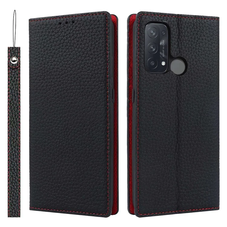 For Oppo Reno5 A Shockproof Genuine Leather Case Litchi Texture Wallet Stand Anti-scratch Phone Shell with Hand Strap - Black