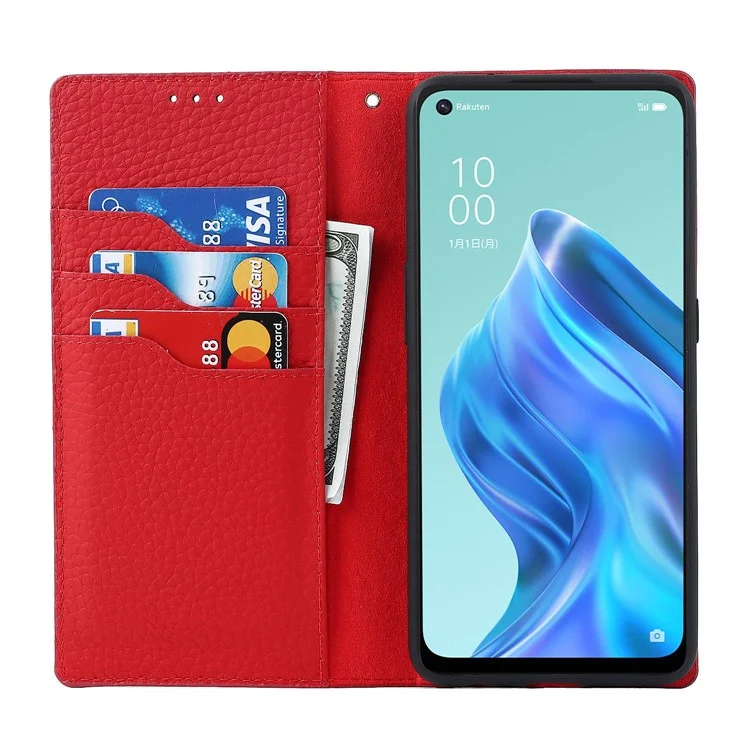 For Oppo Reno5 A Shockproof Genuine Leather Case Litchi Texture Wallet Stand Anti-scratch Phone Shell with Hand Strap - Black