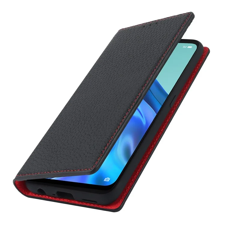 For Oppo Reno5 A Shockproof Genuine Leather Case Litchi Texture Wallet Stand Anti-scratch Phone Shell with Hand Strap - Black