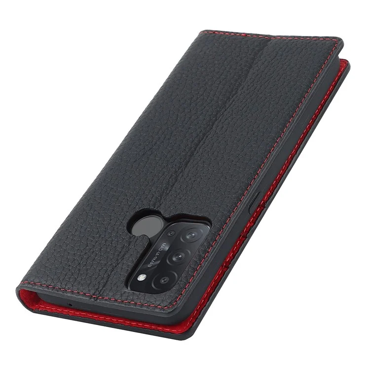 For Oppo Reno5 A Shockproof Genuine Leather Case Litchi Texture Wallet Stand Anti-scratch Phone Shell with Hand Strap - Black