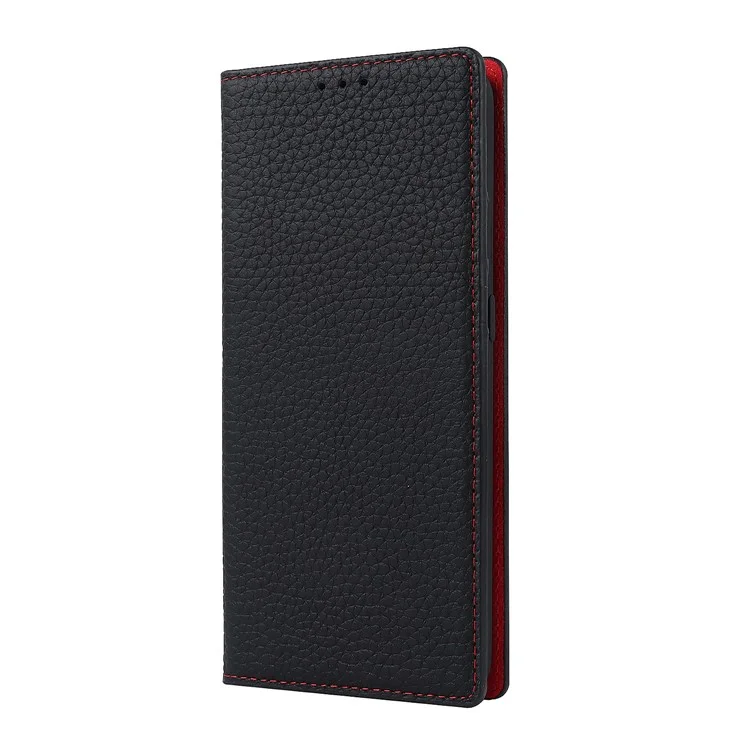 For Oppo Reno5 A Shockproof Genuine Leather Case Litchi Texture Wallet Stand Anti-scratch Phone Shell with Hand Strap - Black