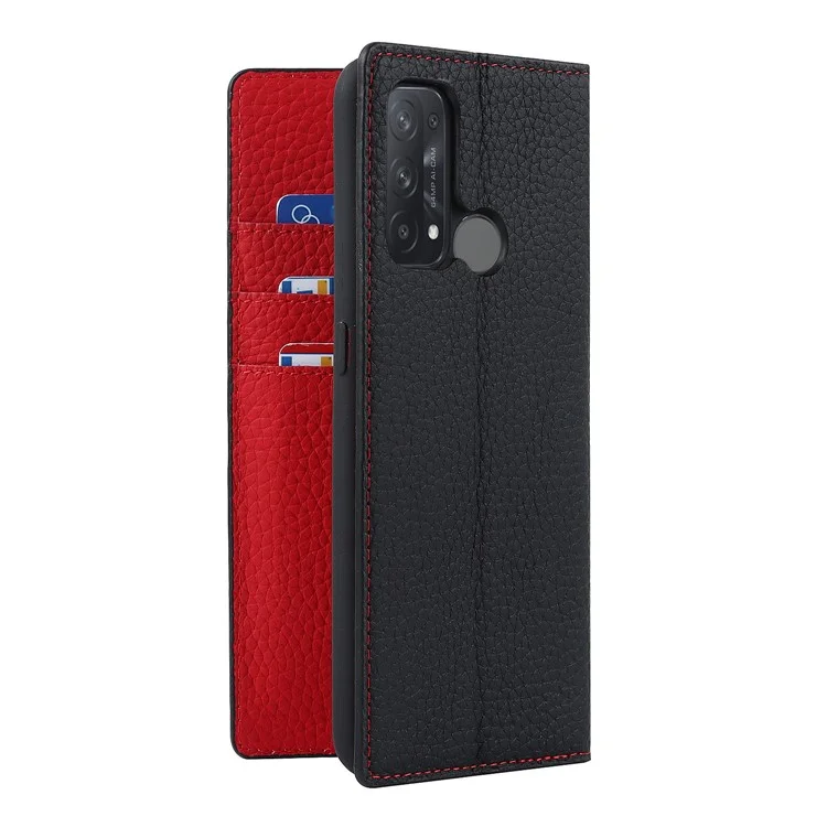 For Oppo Reno5 A Shockproof Genuine Leather Case Litchi Texture Wallet Stand Anti-scratch Phone Shell with Hand Strap - Black