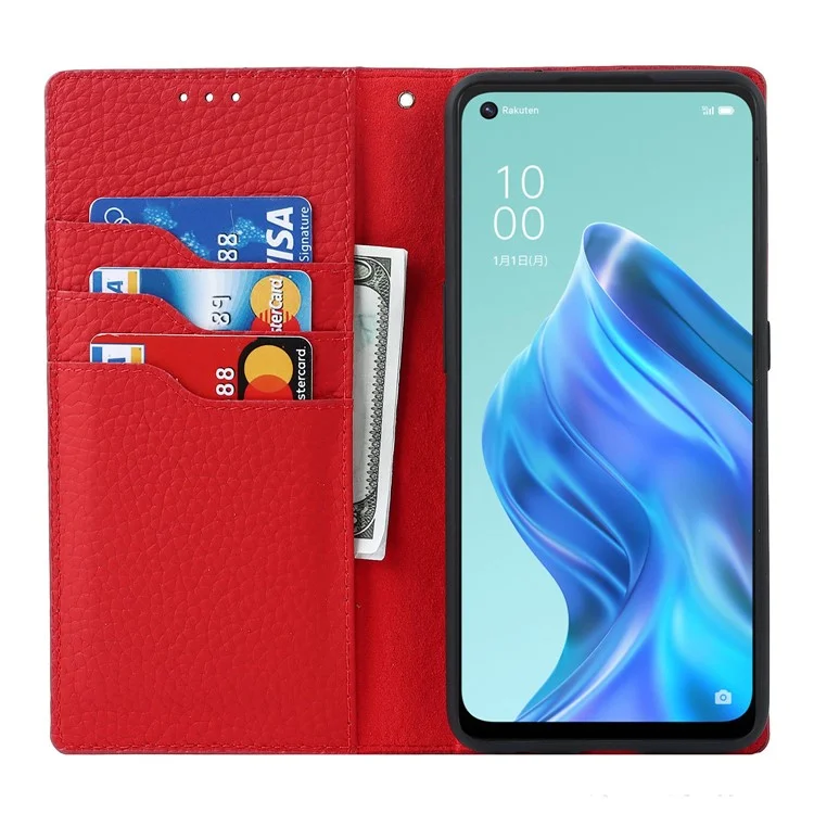 For Oppo Reno5 A Shockproof Genuine Leather Case Litchi Texture Wallet Stand Anti-scratch Phone Shell with Hand Strap - Red