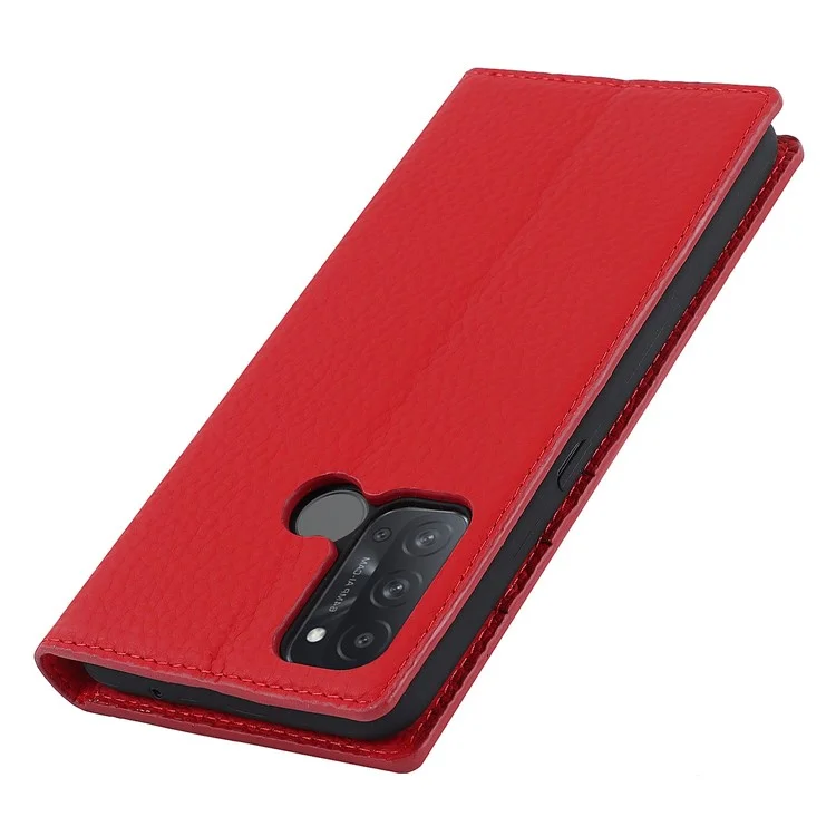 For Oppo Reno5 A Shockproof Genuine Leather Case Litchi Texture Wallet Stand Anti-scratch Phone Shell with Hand Strap - Red