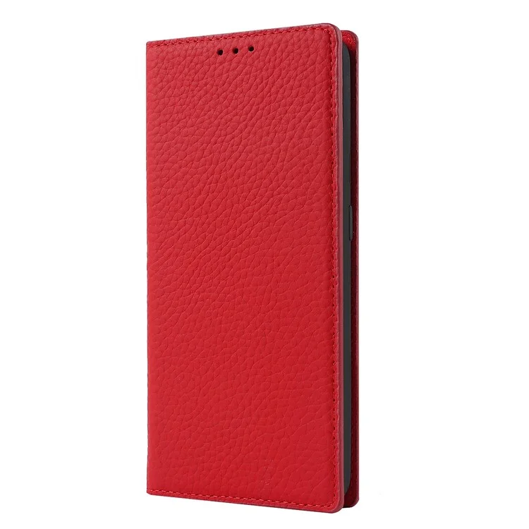 For Oppo Reno5 A Shockproof Genuine Leather Case Litchi Texture Wallet Stand Anti-scratch Phone Shell with Hand Strap - Red