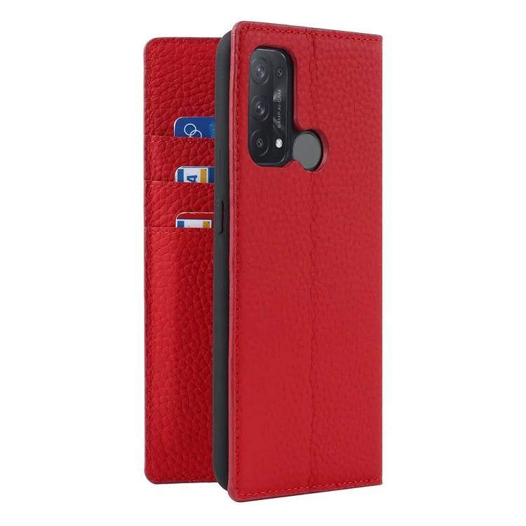 For Oppo Reno5 A Shockproof Genuine Leather Case Litchi Texture Wallet Stand Anti-scratch Phone Shell with Hand Strap - Red