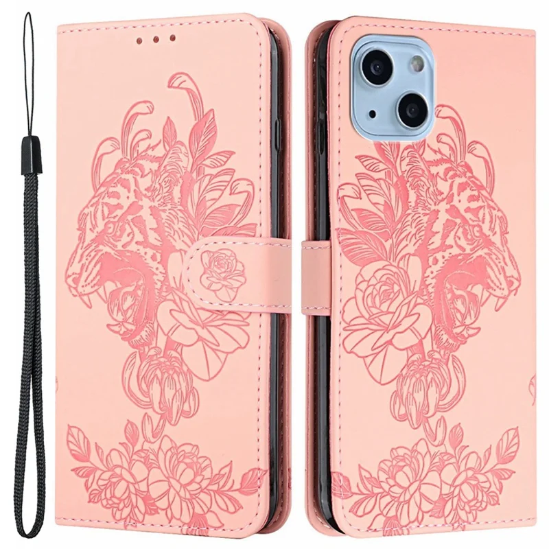 For iPhone 14 Plus Imprinted Tiger Head PU Leather Case Wrist Strap Wallet Style Stand Feature Flip Cover - Pink