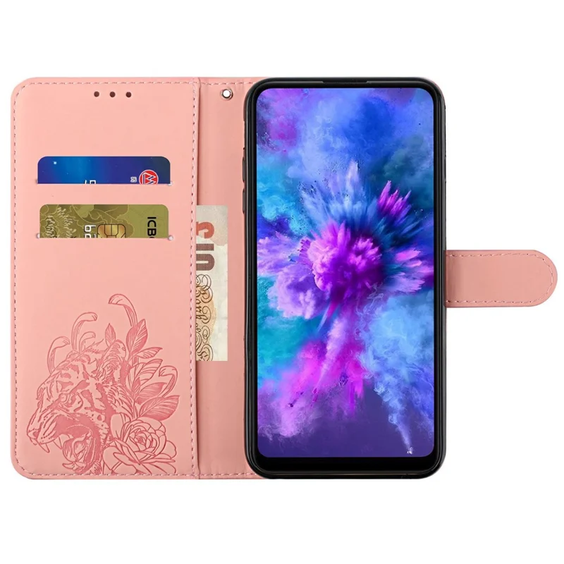 For iPhone 14 Plus Imprinted Tiger Head PU Leather Case Wrist Strap Wallet Style Stand Feature Flip Cover - Pink