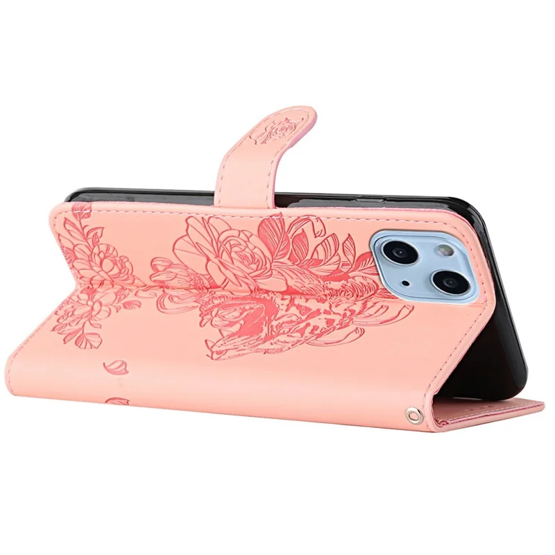 For iPhone 14 Plus Imprinted Tiger Head PU Leather Case Wrist Strap Wallet Style Stand Feature Flip Cover - Pink