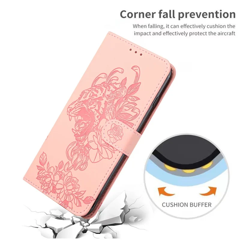 For iPhone 14 Plus Imprinted Tiger Head PU Leather Case Wrist Strap Wallet Style Stand Feature Flip Cover - Pink