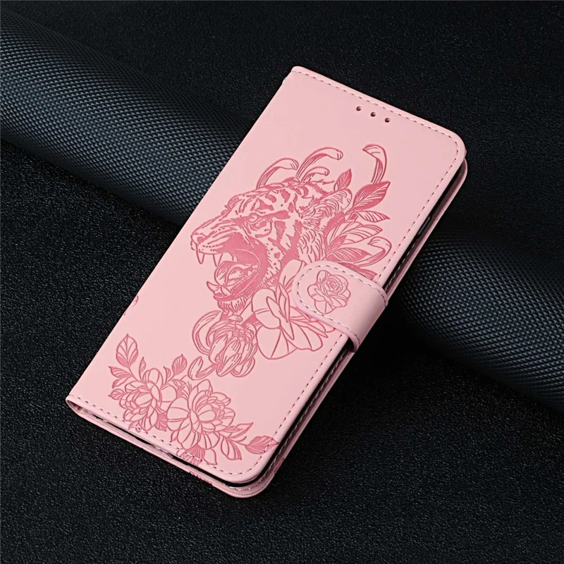 For iPhone 14 Plus Imprinted Tiger Head PU Leather Case Wrist Strap Wallet Style Stand Feature Flip Cover - Pink