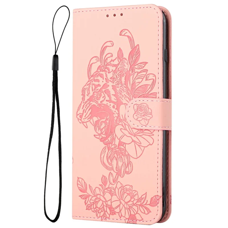 For iPhone 14 Plus Imprinted Tiger Head PU Leather Case Wrist Strap Wallet Style Stand Feature Flip Cover - Pink
