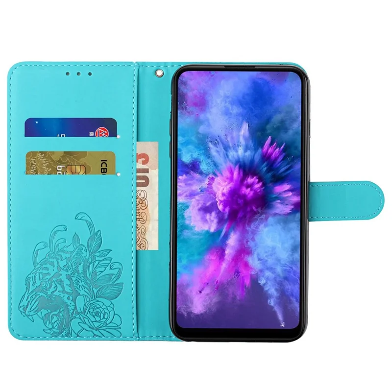 Für Das Iphone 14 6,1 Zoll PU Leder Hülle Brieftaschenstand Funktion Tigerkopf Eingeprägter Flip -abdeckung Mit Handgelenkriemen - Baby Blau