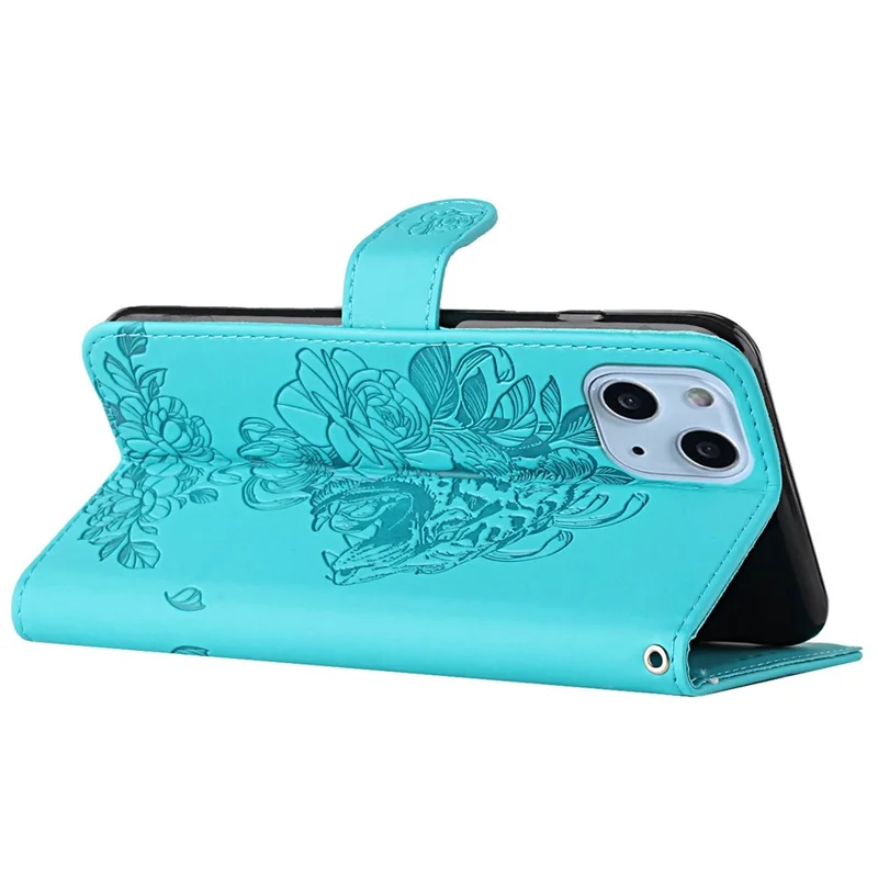 Für Das Iphone 14 6,1 Zoll PU Leder Hülle Brieftaschenstand Funktion Tigerkopf Eingeprägter Flip -abdeckung Mit Handgelenkriemen - Baby Blau