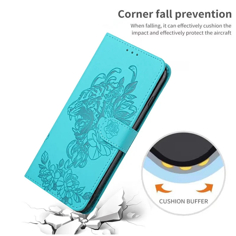 Für Das Iphone 14 6,1 Zoll PU Leder Hülle Brieftaschenstand Funktion Tigerkopf Eingeprägter Flip -abdeckung Mit Handgelenkriemen - Baby Blau